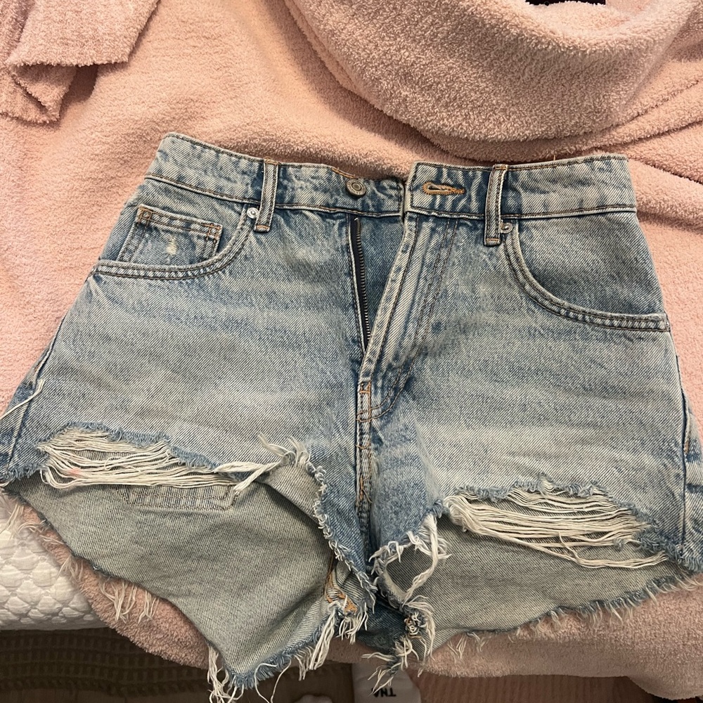 Zara Light Blue Distressed Jean Shorts